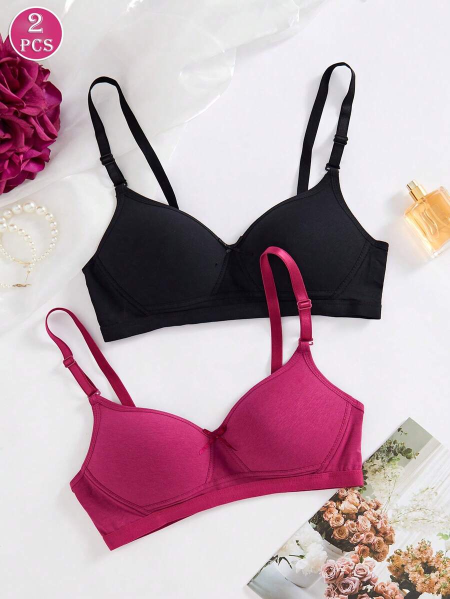 2PCS Lady's Comfortable Wireless Soft Cup Solid Bra, Lingerie - Burgundy - View 1