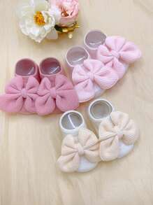 3 Pairs Baby Girls' Non-Slip Indoor Floor Boat Socks With Bow Decor