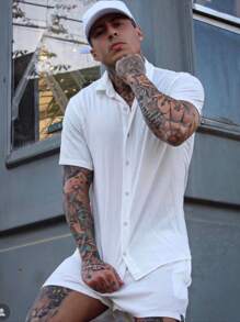 Camisa Conjunto listrada e lisa masculina slim fite Manga curta viscose