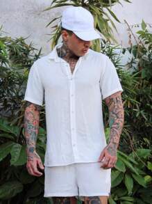 Camisa Conjunto listrada e lisa masculina slim fite Manga curta viscose