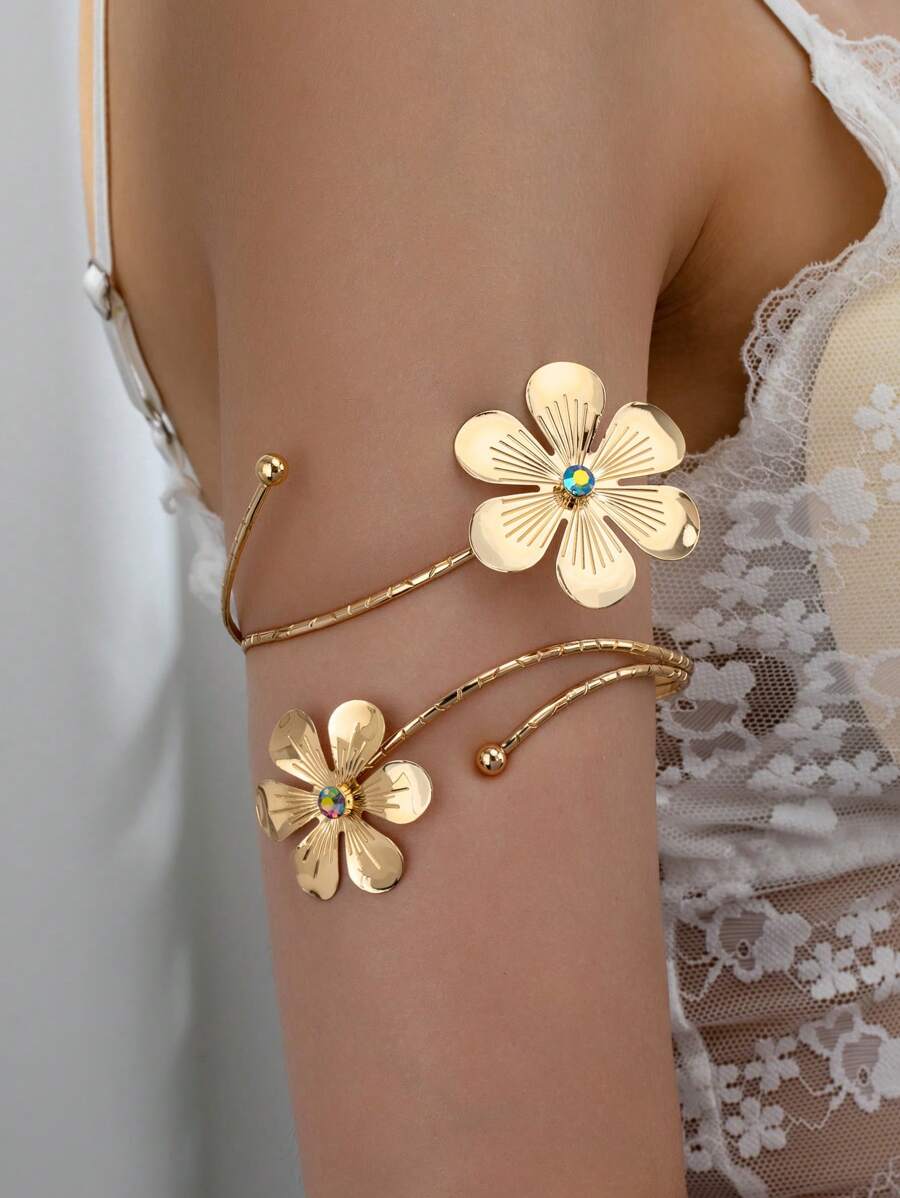 1個時尚典雅的金色花形手臂袖套,適用於女士派對、假期和日常搭配 - 金黃色 - 查看 1