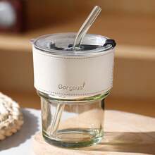 1pc  Glass Cup Large Capacity With Lid, Milk Tea Straw Water Cup, Breakfast Coffee Cup, Student Cup - Multicolor - View 10