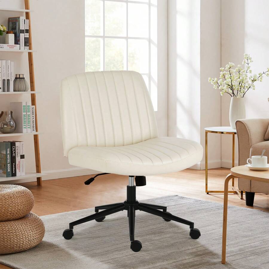 Sweetcrispy Criss Cross Office Chair With Wheels, Wide Armless Home Office Desk Chair With Dual-Purpose Base, Swivel Adjustable Teddy Fabric Task Vanity Computer Chair - 米色PU - 查看 1