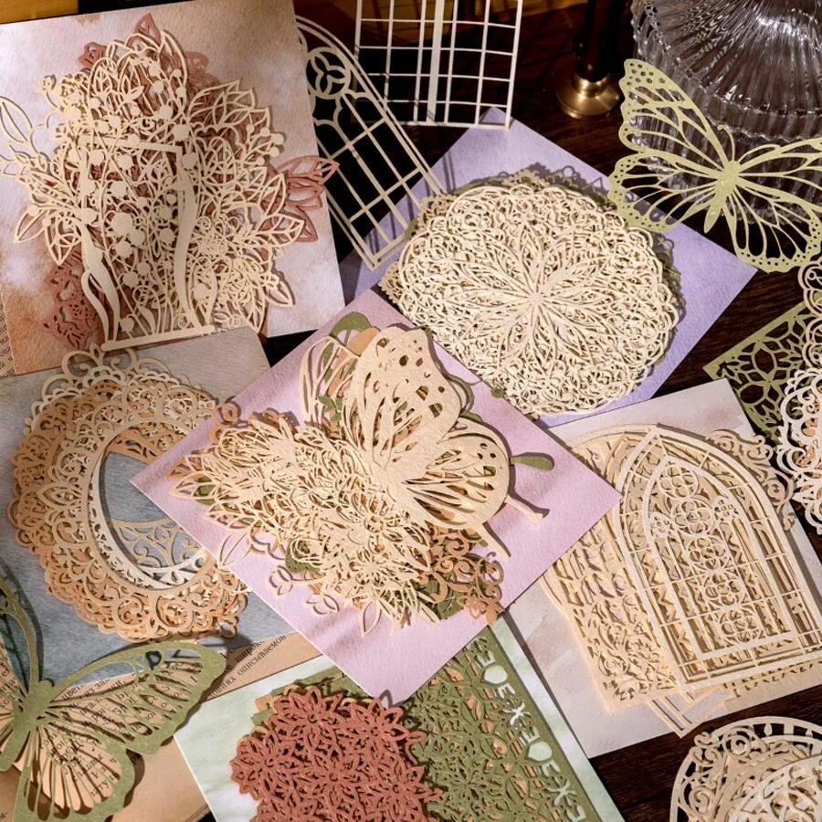 10pcs MoMo Material Paper Lace Romance Series Vintage Hollow Flower Pattern Collage DIY Scrapbooking Decorating Material Paper - Multicolor - View 1
