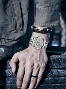 VA VA VOOM 1 Peça Relógio Masculino Moda Aço Inoxidável Mostrador Oco Estilo Casual Esportivo Luz Noturna Relógio Masculino Dourado & Preto & Prata Movimento de Quartzo Original Diamante de Luxo Relógios de Pulso