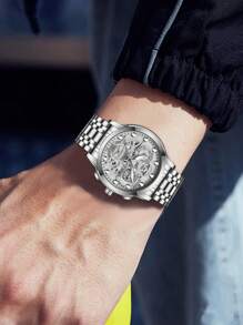 VA VA VOOM 1 Peça Relógio Masculino Moda Aço Inoxidável Mostrador Oco Estilo Casual Esportivo Luz Noturna Relógio Masculino Dourado & Preto & Prata Movimento de Quartzo Original Diamante de Luxo Relógios de Pulso