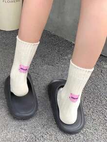 1pc Autumn & Winter Colored Knitted Mid Calf Socks For Men And Women, With Pile Design