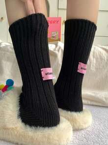 1pc Autumn & Winter Colored Knitted Mid Calf Socks For Men And Women, With Pile Design