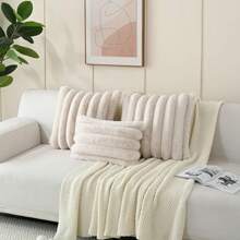 1入組單色坐墊套，不帶內芯，柔軟人造兔毛大條紋坐墊套，適用於客廳沙發 - 米色 - 查看 4