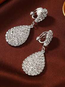 2入組時尚長流蘇水滴鑽石耳夾女士婚禮無耳洞耳飾 - clip - 查看 4