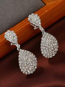2入組時尚長流蘇水滴鑽石耳夾女士婚禮無耳洞耳飾 - clip - 查看 3