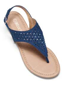 Women's Gladiator Flat Sandals Rhinestone Cutout Design Summer Vacation Beach Dressy Ankle Strap T-Strap Thong Sandals Shoes - Màu xanh hải quân - Xem 7