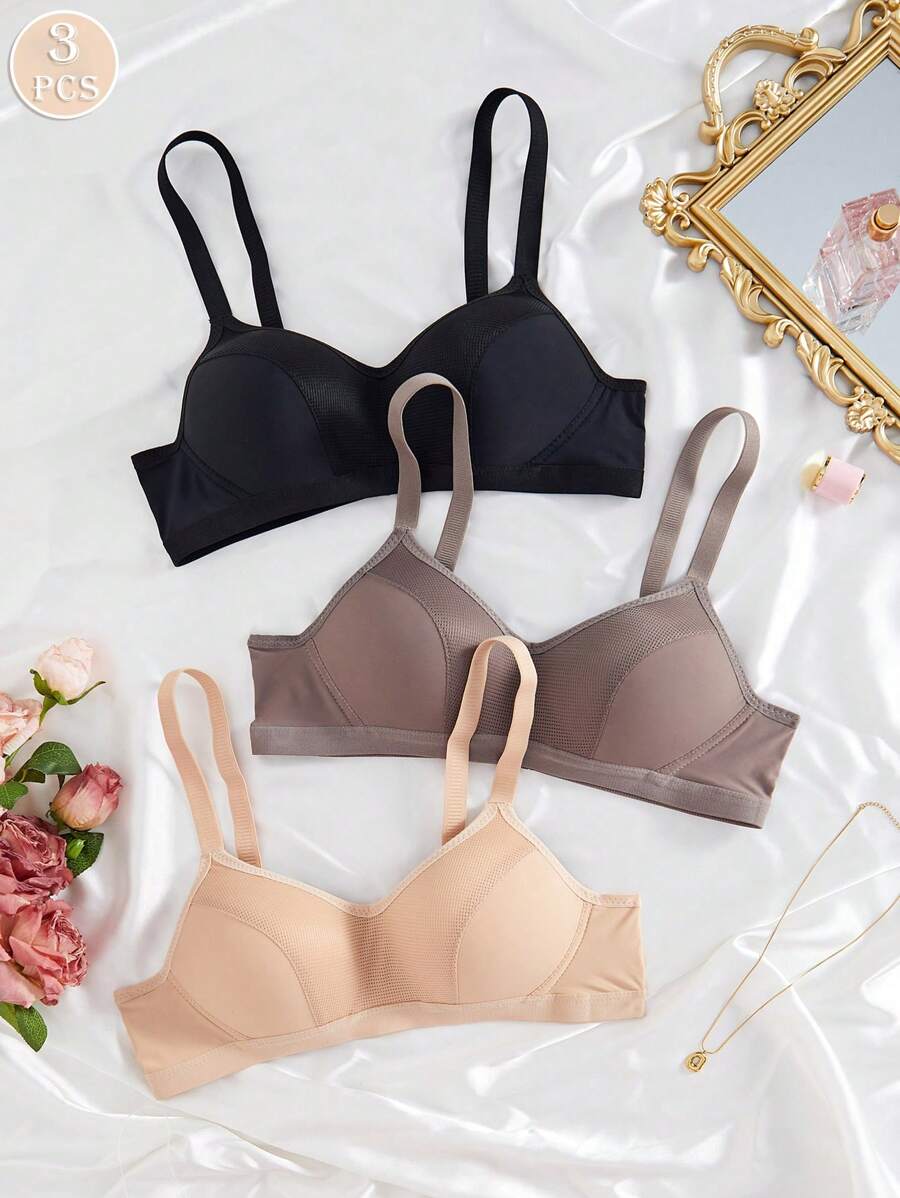 Set de 3 sujetadores inalámbricos cómodos y de copa suave para mujer, lencería de dormir de unicolor - Albaricoque - Ver 1