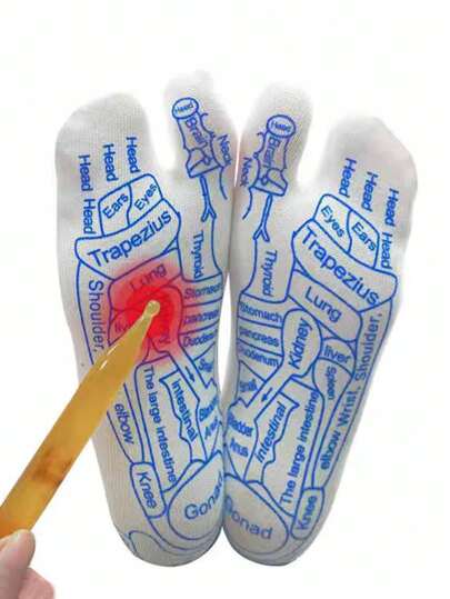 1pair Of Women' White Socks With Foot Massage Pressure Points And English Reflexology Map (Includes Massage Stick) Toe Separator Short Socks