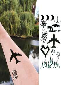 1pc Temporary Tattoo Cute Little Elements, Planet Flame Plane Love Straight Pattern Design Waterproof Fake Tattoo Stickers Disposable - Black - View 9