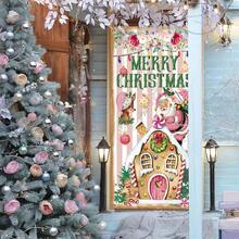1 件复古圣诞门装饰（35.4 X70.8 英寸），粉色圣诞快乐门罩背景圣诞老人麋鹿姜饼悬挂横幅适用于室内户外圣诞节派对装饰用品，圣诞节 - 粉色 - 查看 4