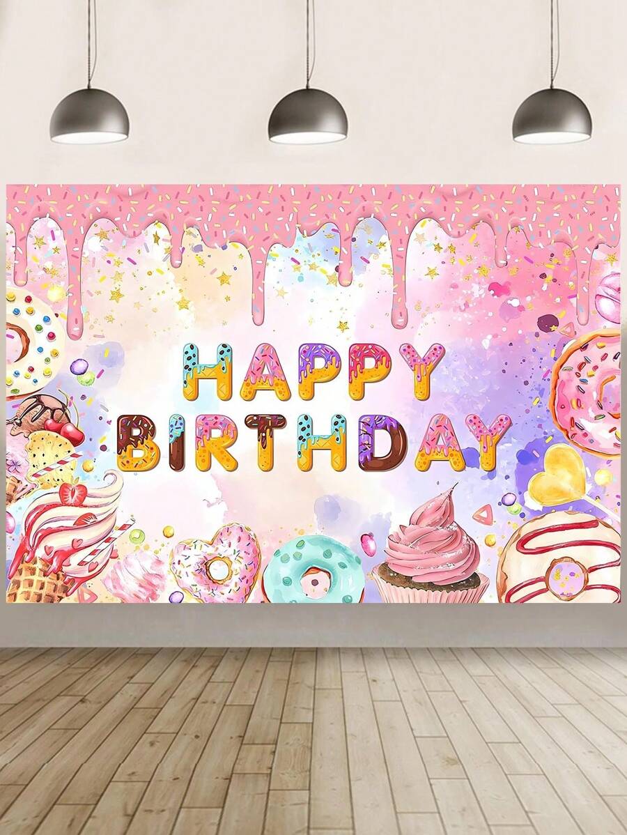 1Pc Colorful Donut Style Birthday Party Background Cloth, Donut Birthday Party Room Wall Photographic Background Decoration Banner, Birthday Gift Decoration Tapestry - Multicolor - View 1