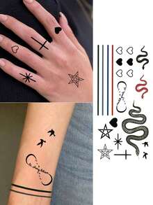 1pc Temporary Tattoo Cute Little Elements, Planet Flame Plane Love Straight Pattern Design Waterproof Fake Tattoo Stickers Disposable - Black - View 6