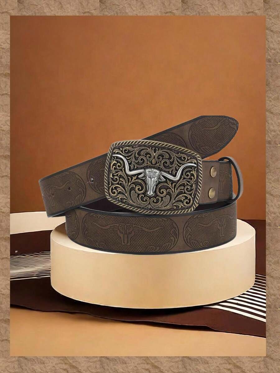 1pc Men Bull Head Detail Cowboy Buckle Belt For Daily Life Boho - Coffee Brown - View 1