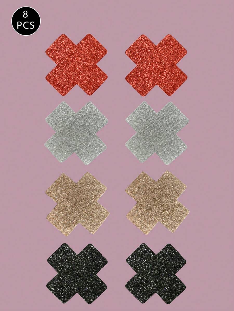 8pcs Glitter Cross Nipple Pasties, Sexy Party Club Nipple Covers, Harmless Adhesive Directly Stick On Skin, Polyester Girl Chest Petals Cover Up, Suitable For Daily Wear - Multicolor - View 1