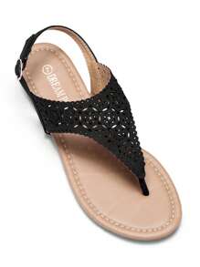 Women's Gladiator Flat Sandals Rhinestone Cutout Design Summer Vacation Beach Dressy Ankle Strap T-Strap Thong Sandals Shoes - màu đen - Xem 7