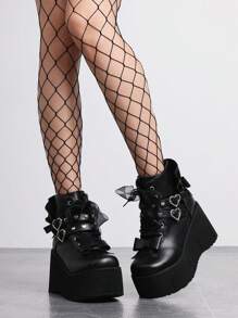 Giày bốt cổ ngắn cho nữ buộc dây dày mũi tròn khóa đinh tán thời trang giày bốt mô tô Punk Gothic ngày lễ tình nhân - màu đen - Xem 5