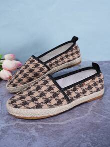 2024新款夏季女款透氣圓頭平底草繩鞋，滑動式行駛便鞋，日常休閒布鞋，時尚百搭