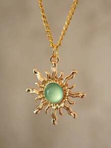3pcs Bohemian Style Gold-Tone And Light Green Sun Necklace Earring Set For Women