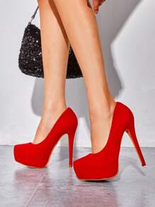 Women Stiletto High Heel Plaform Shine Pumps Elegant Solid Color Gold Dress Shoes For Party Prom Simple Style - Đỏ - Xem 3