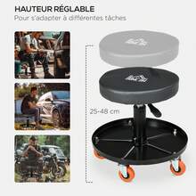 HOMCOM Tabouret de mécanicien, servante d'atelier, siège pivotant, hauteur réglable, tabouret d'atelier à roulettes, plateau de 100 kg pour le garage et la réparation automobile, noir - Noir - Voir 8