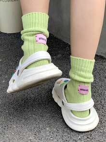 1pc Autumn & Winter Colored Knitted Mid Calf Socks For Men And Women, With Pile Design