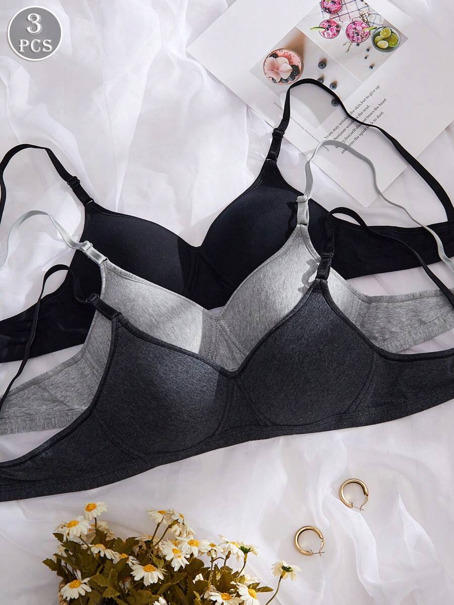 3PCS Lady's Comfortable Sleep Multicolour Wireless Soft Cup For Small Chest Solid Underwear Bra, Lingerie - Black - View 1