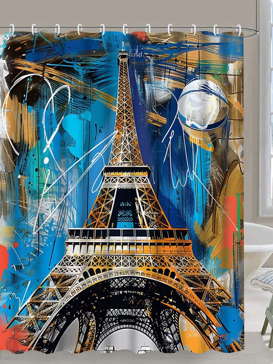 1入創意PARIS字母和艾菲爾鐵塔設計淋浴簾，附帶掛鈎的防水浴室簾，用於浴缸隔斷和裝飾配件，由聚酯纖維製成，尺寸為180CM * 180CM，適用於浴室、室外牆面裝飾、浴室淋浴和淋浴簾 - 彩色 - 查看 1