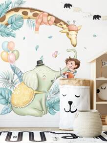 1pc Elephant Giraffe Wall Decal Rainforest Tree Wallpaper For Background Wall, Stickers, Wall Decal, Vinyl Decal For Home Decorations, Spring Decoration Items Refresh Your Home, Rama Decoration Stickers - Multicolor - View 3