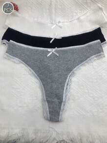 3入組女士可愛的黑、白、灰色卷邊蕾絲裝性感丁字褲 - 彩色 - 查看 1