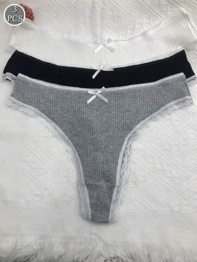 3入組女士可愛的黑、白、灰色卷邊蕾絲裝性感丁字褲