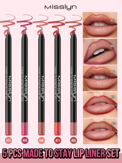 Misslyn 5pcs Made To Stay Lip Liner Set, Long-Lasting Color, Smooth Texture, Natural Makeup Effect, High Color Payoff, Creates Natural Lip Makeup, Durable Matte Lip Liner, Non-Bleeding, Y2K Style Makeup, Suitable For Party, Beach, Travel, Vacation, Camping, Outdoor Activities, Best Travel Holiday Colorful Makeup For Fashionable Girls, New Year, Valentine's Day Gift