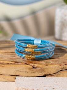 5pcs Cute And Sweet Colorful Glitter Jelly Bangle With Bow Tie, Bracelets Stack Perfect For Party And Daily Use