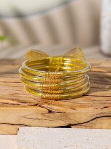 5pcs Cute And Sweet Colorful Glitter Jelly Bangle With Bow Tie, Bracelets Stack Perfect For Party And Daily Use