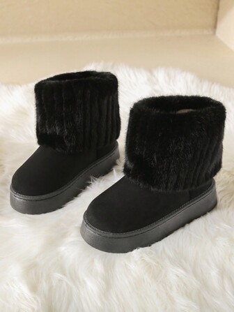 A Pair Of Solid Color Mid-Calf Women's Snow Boots, Thick PVC Sole, Furry Edge, Comfortable & Warm, Autumn/Winter