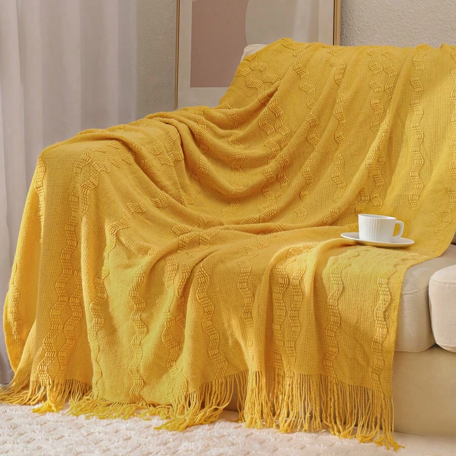 1pc Plain Sofa Blanket, Modern Simple Acrylic Rectangular Containing Fringe Warm Breathable Blanket, Suitable For A Nap In The Sofa Bedroom, Daily Use. - Yellow - View 1