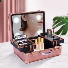 Makeup Case 2-Tier Cosmetic Organizer Box With Lights Mirror Customized Dividers Large (Rose Gold)