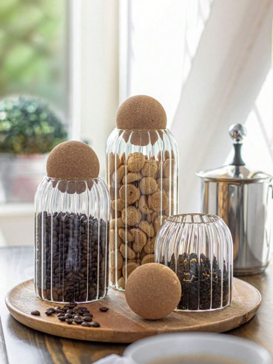 1 lọ thủy tinh có nắp bi và gioăng để đựng kẹo và thực phẩm, chai thủy tinh, trong suốt, thích hợp để đựng gia vị, muối, đường, cà phê, trà - Sọc dọc trong suốt - Xem 1