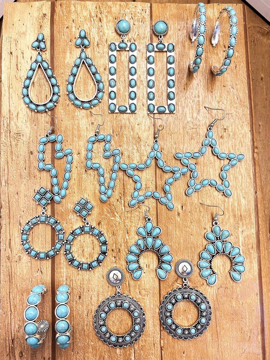 1pair Boho Western Style Vintage Turquoise Geometric Pendant Long Earrings - Antique Silver - View 1