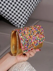 Colorful Rhinestone Accented Flap Cover PU Clutch Bag, Perfect For Evening Party, Banquet, Suitable For Shoulder Or Crossbody Wear - Gold - View 3