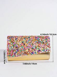 Colorful Rhinestone Accented Flap Cover PU Clutch Bag, Perfect For Evening Party, Banquet, Suitable For Shoulder Or Crossbody Wear - Gold - View 8