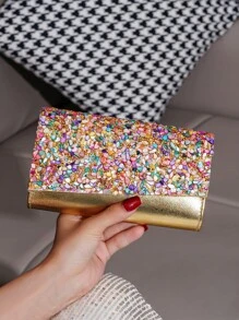 Colorful Rhinestone Accented Flap Cover PU Clutch Bag, Perfect For Evening Party, Banquet, Suitable For Shoulder Or Crossbody Wear - Gold - View 1
