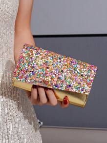 Colorful Rhinestone Accented Flap Cover PU Clutch Bag, Perfect For Evening Party, Banquet, Suitable For Shoulder Or Crossbody Wear - Gold - View 2