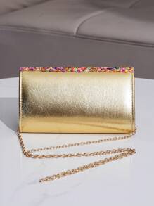 Colorful Rhinestone Accented Flap Cover PU Clutch Bag, Perfect For Evening Party, Banquet, Suitable For Shoulder Or Crossbody Wear - Gold - View 6