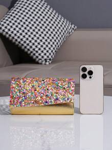 Colorful Rhinestone Accented Flap Cover PU Clutch Bag, Perfect For Evening Party, Banquet, Suitable For Shoulder Or Crossbody Wear - Gold - View 4